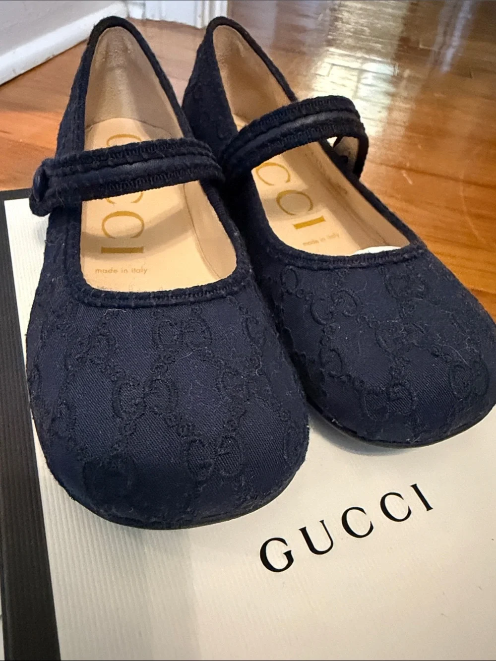Gucci Kids Navy GG Jacquard Mary Jane Flats size 29